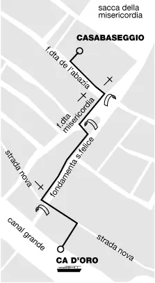 Mappa stradale con indicazioni per raggiungere Casa Baseggio dalla fermata Ca' d'Oro attraverso Fondamenta S. Felice e della Misericordia.